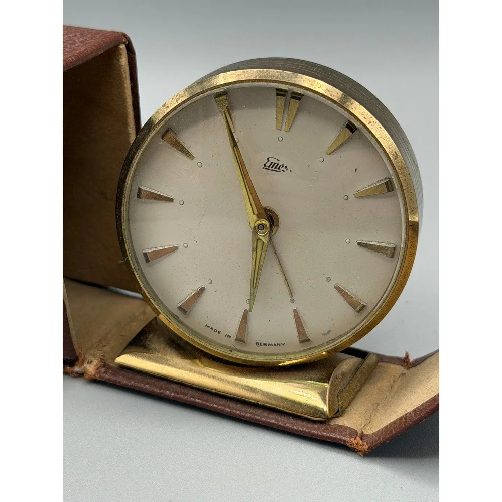 Vintage Emes Travel Alarm Clock Germany Mechanical Wind Folding Case 1960s #1123